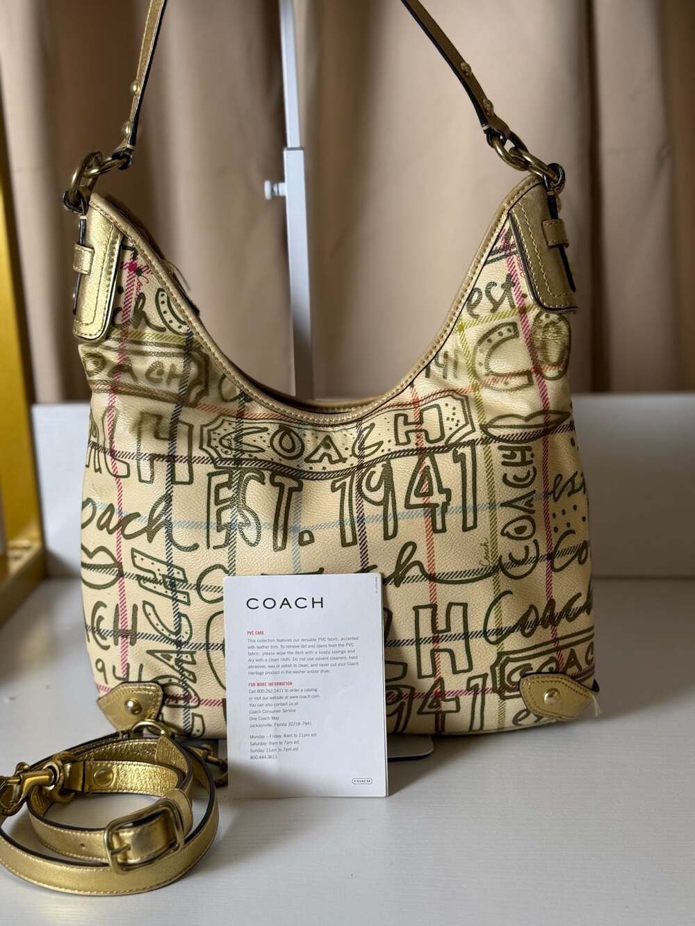 Coach Signature Gold Coated Canvas Leather Trim Zipper Closure Shoulder Bag